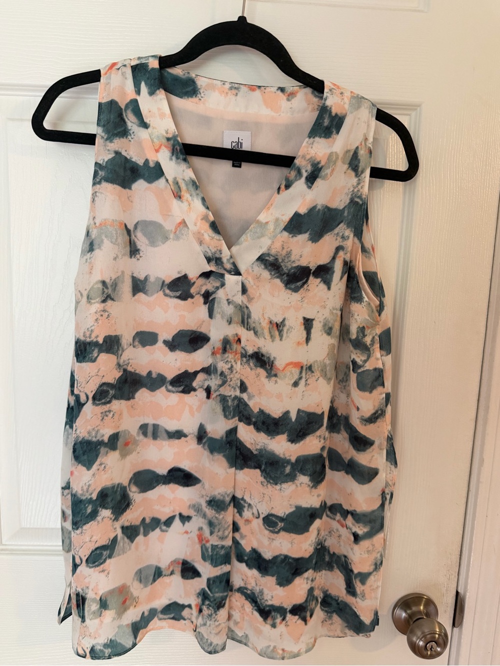 CAbi Sleeveless V-Neck Blouse in Peach & Teal Brushstroke Print
